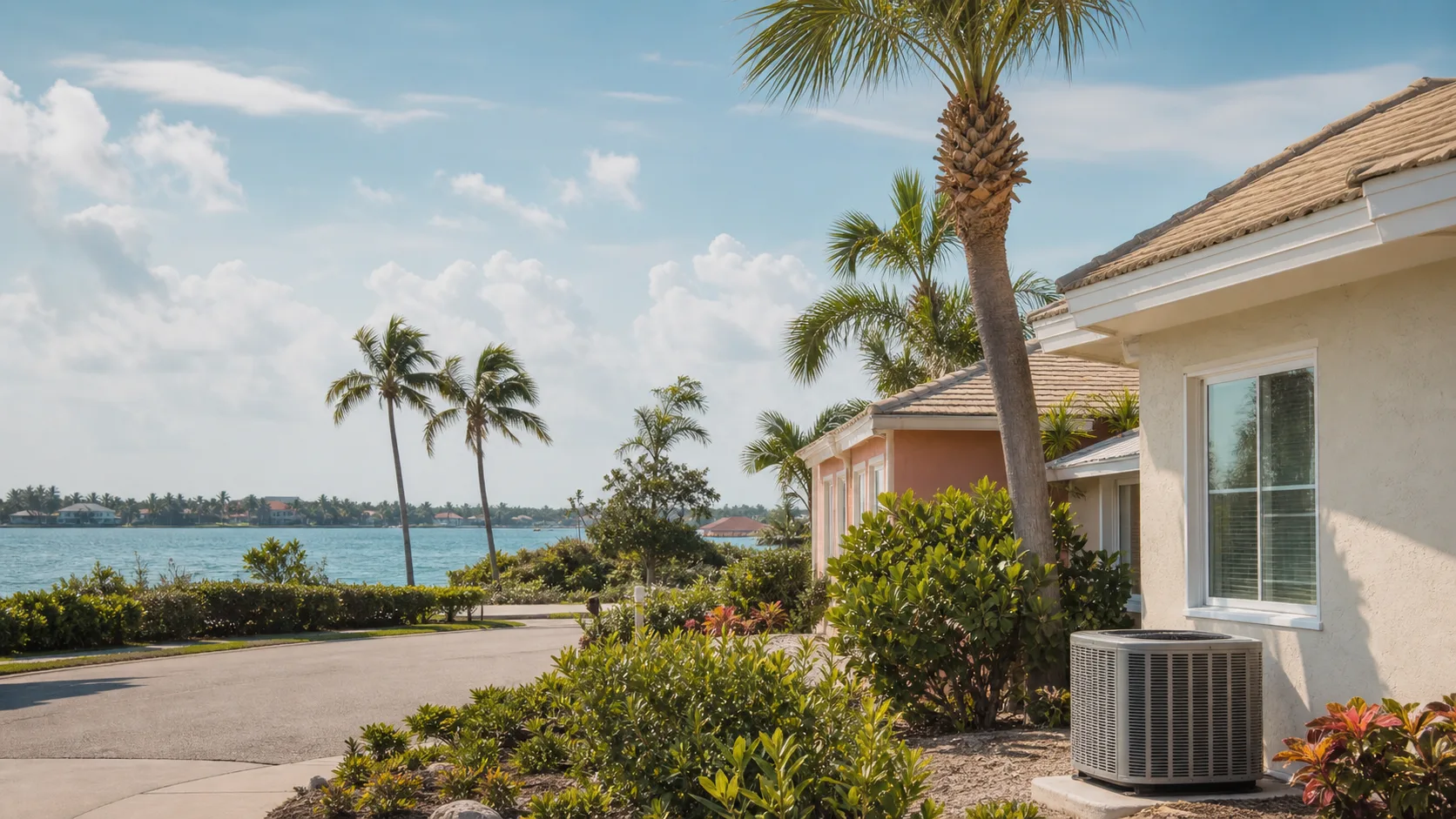 Sunlit Florida coastal homes beside blue water, palms and an outdoor air-conditioning unit